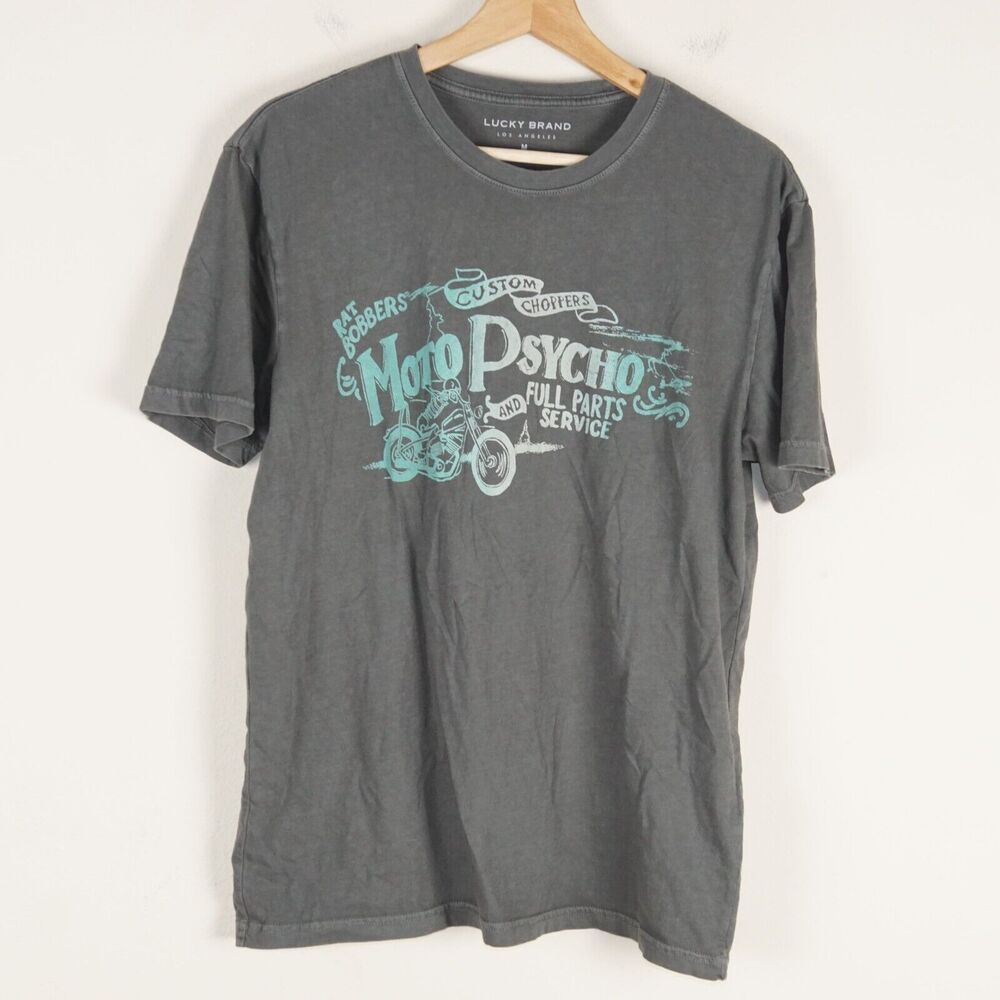 Lucky Brand Moto Psycho Ombre Gray Washed Cotton Graphic Tee Shirt Mens Sz M
